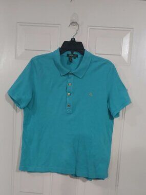 Lauren Ralph Lauren Womens Teal Green Polo Shirt Gold Logo Button Size L